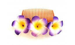 Blumenkamm Frangipani Lila Gelb Blüten Haarkamm Steckkamm Hawaii IMG_20210325_232121