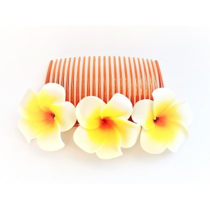 Blumenkamm Frangipani Weiss Gelb Blüten Haarkamm Steckkamm Hawaii IMG_20210325_232447